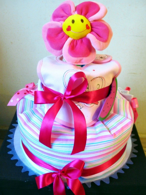 Baby Girl Diaper Cake with Pink Flower - Diaper Cake Ideas